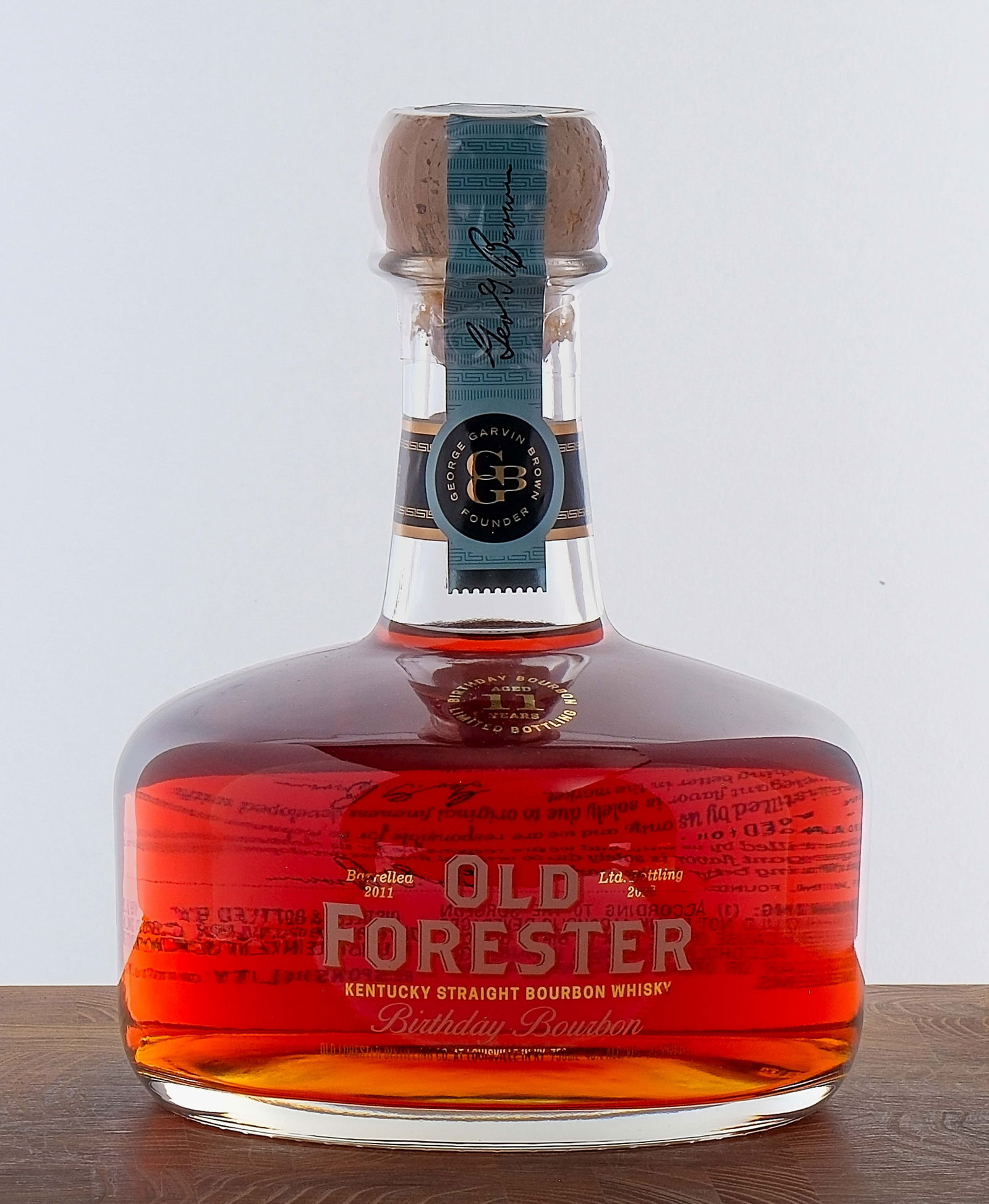 Old Forester 11 Year "Birthday Bourbon": Aged 11 Years in Oak casks. Barrelled 2011. Limited Bottling 2022. 48% ALC/VOL (96 Proof). Plastic seal intact. Labels excellent. 750ml. Old Forester Distilling Co.