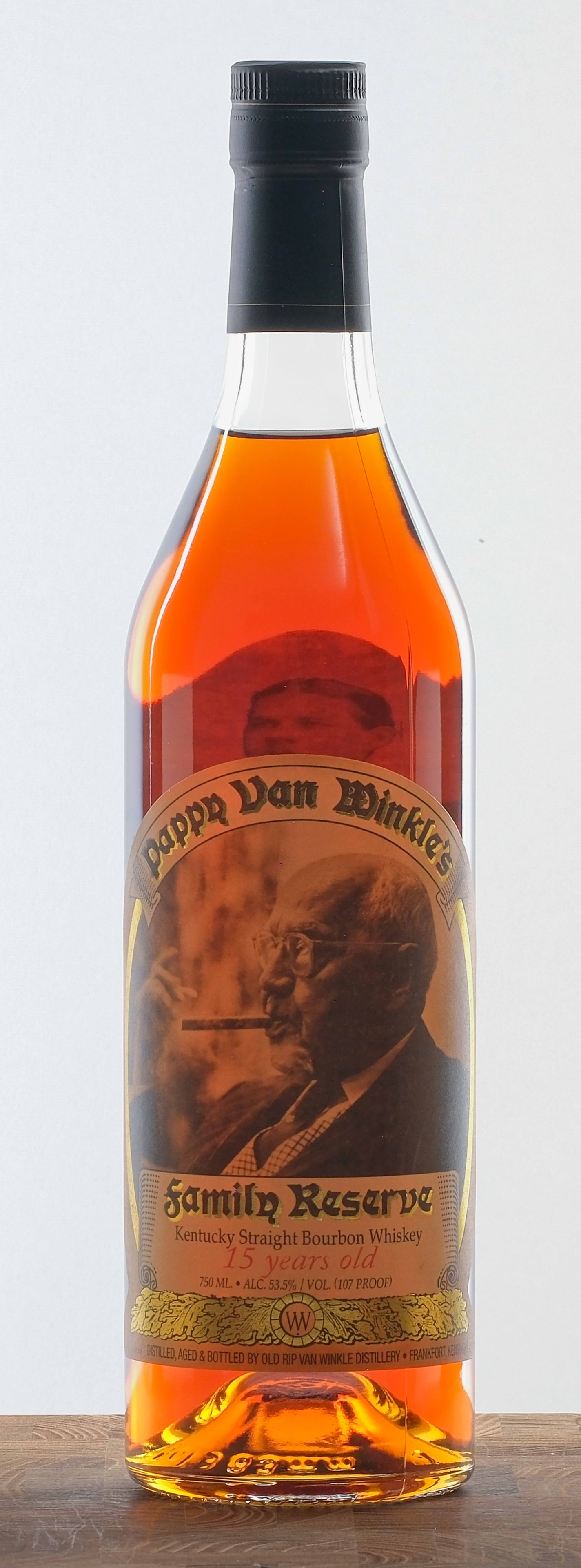 Pappy Van Winkle's 15 Year Family Reserve Bourbon 2022: Laser code: L22238 01 15:56D. 53.5% ALC/VOL (107 Proof). Foil and labels excellent. An additional sticker (with "22" written on it) has been affixed to the front of the bottle. 750ml. Old Rip Van Wink
