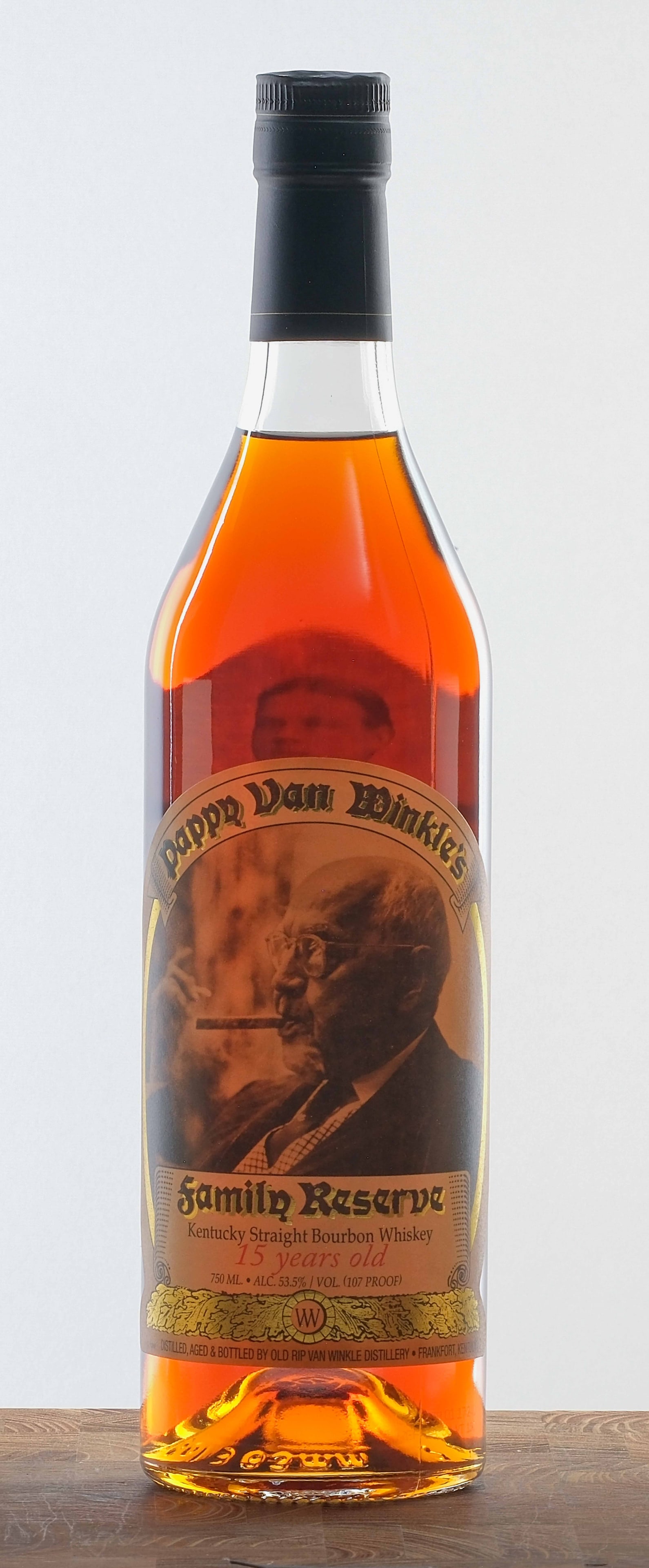 Pappy Van Winkle's 15 Year Family Reserve Bourbon 2022: *UPDATED CONDITION REPORT* Laser code: L22238 01 17:24D. 53.5% ALC/VOL (107 Proof). Ding evident in foil and cap but seal is maintained. Labels excellent. An additional sticker (with "22" written on i