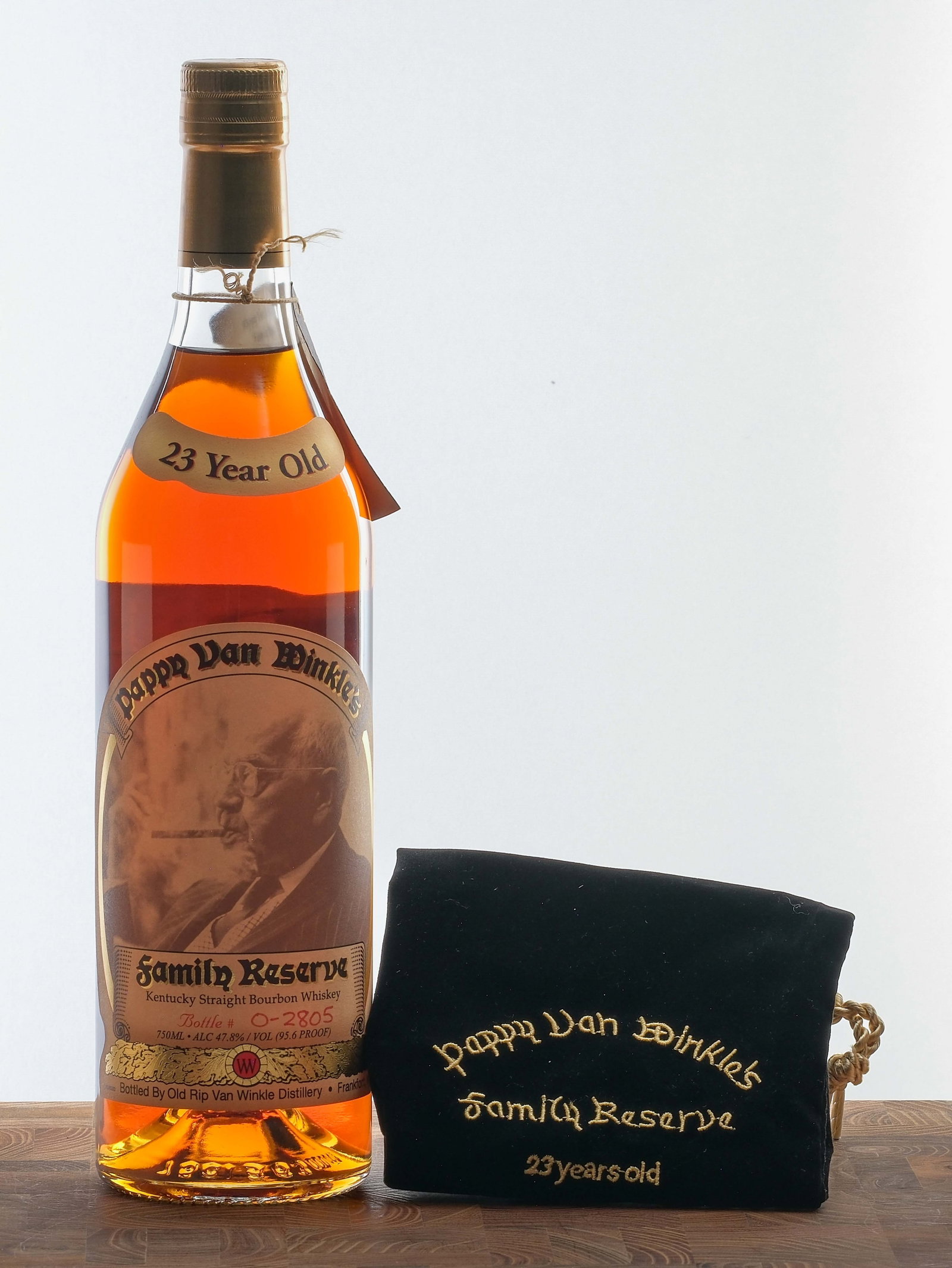 Pappy Van Winkle's 23 Year Family Reserve Bourbon 2023: Bottle #0-2805. Laser code: L232270112:50N, 47.8% ALC/VOL (95.6 Proof). Foil and labels excellent. Hang tag intact. Includes embroidered drawstring bag in good condition (there is a single scratch in 