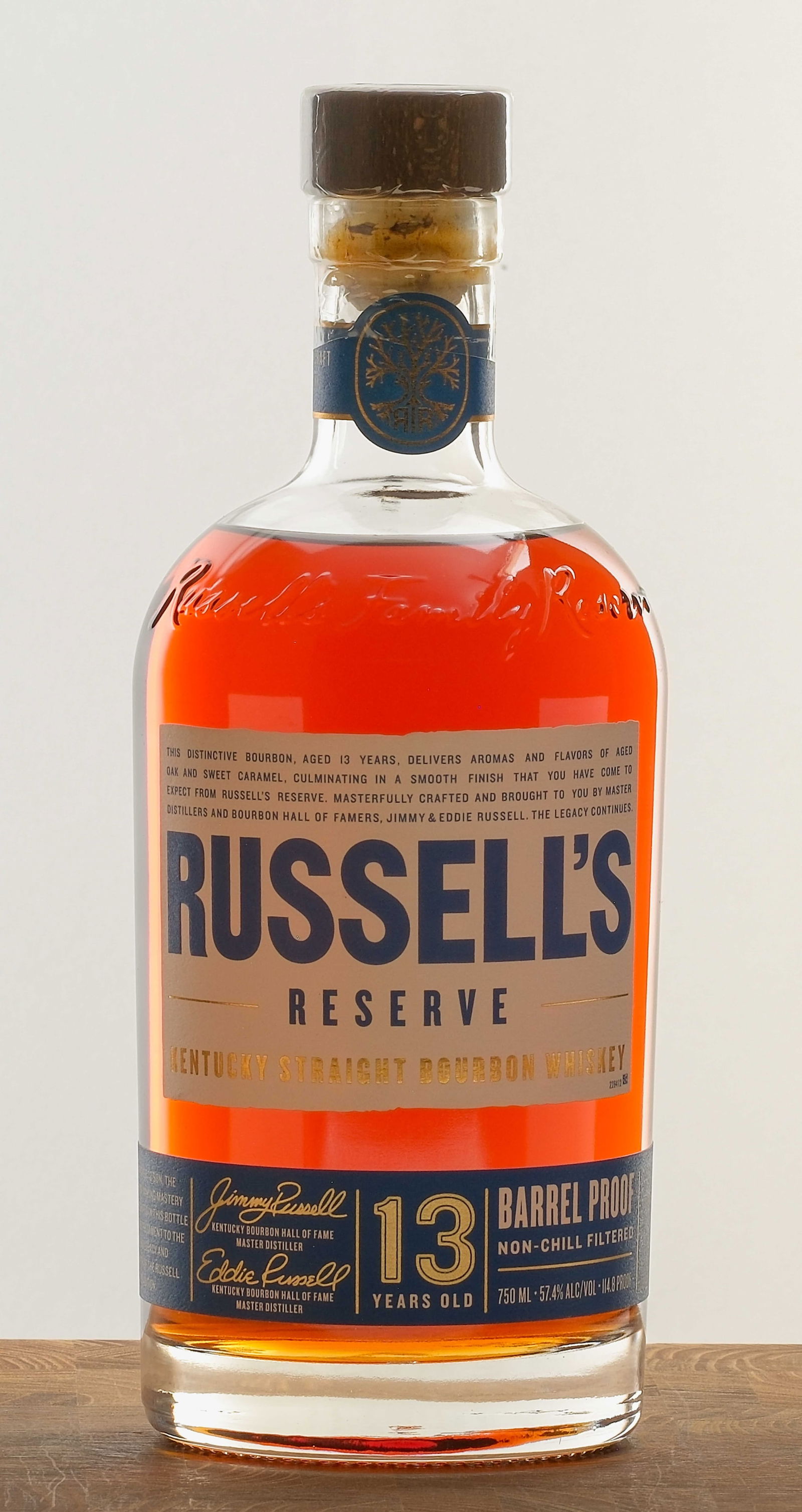 Russell's Reserve "Batch 5" 13 Year Barrel Proof Bourbon 2023: 57.4% ALC/VOL (114.8 Proof). Plastic seal intact. Labels excellent. 750ml. Wild Turkey Distilling Company.