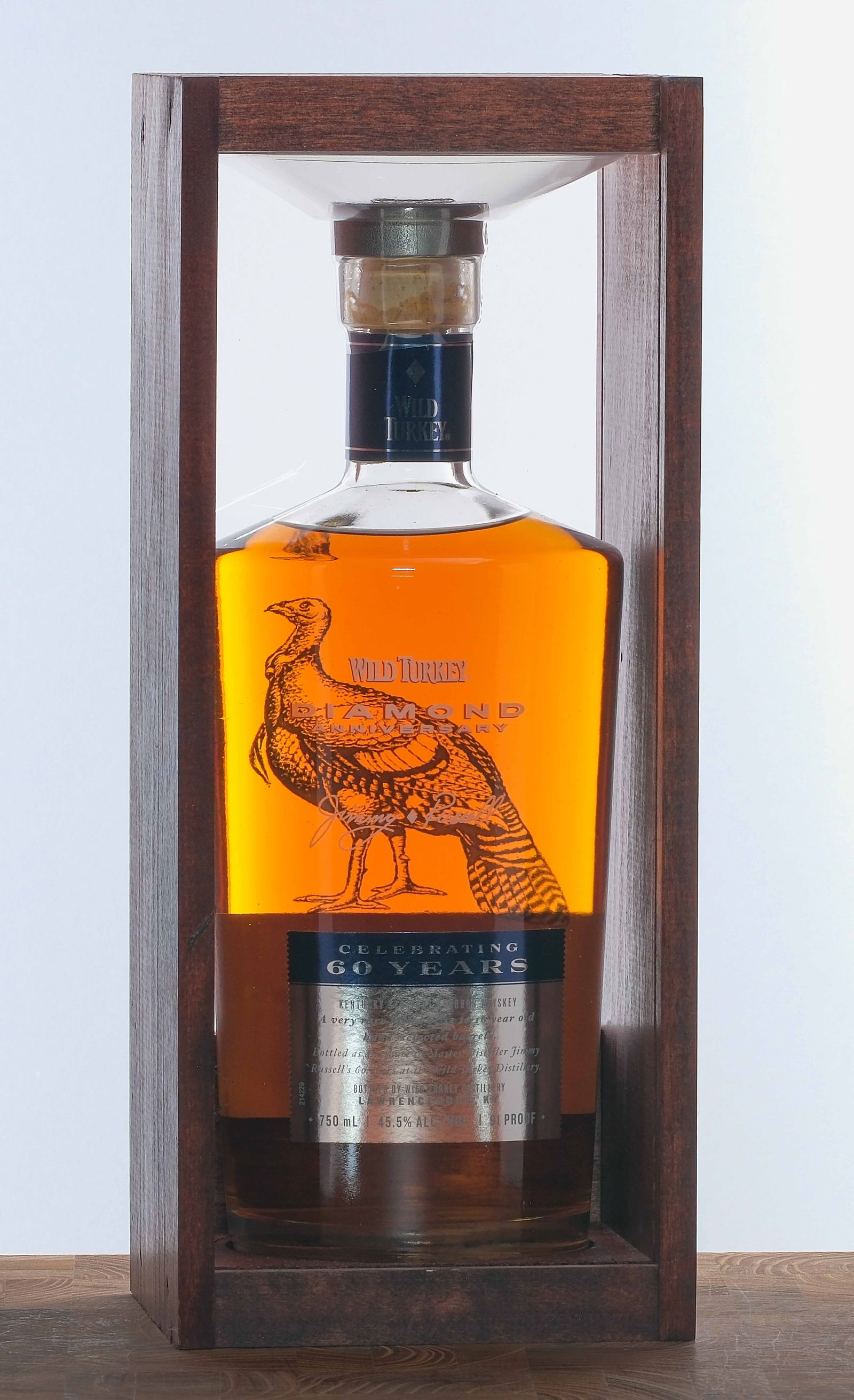 Wild Turkey Diamond Anniversary Kentucky Straight Bourbon 2014: Celebrating Jimmy Russell's 60 years with Wild Turkey. Hand selected barrels. "Rare liquid." Batch No. B14-0035. Blend of 13 to 16 year old barrels. 45.5% ALC/VOL (91 Proof). Wooden box excellent. Fro