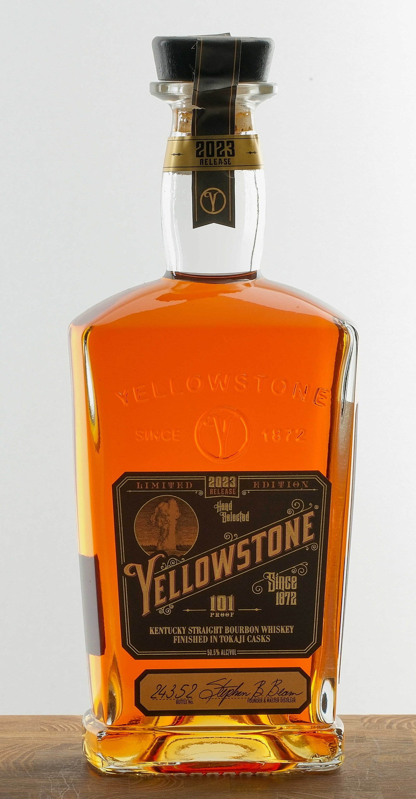 Yellowstone Hand Selected KY Straight Bourbon 2023: *UPDATED CONDITION REPORT* Limited Edition. Bottle #24,352. Blend of 7, 13 and 16-year Bourbons finished in Tokaji casks. 50.5% ALC/VOL (101 Proof). Paper seal intact but tears present. Labels excelle