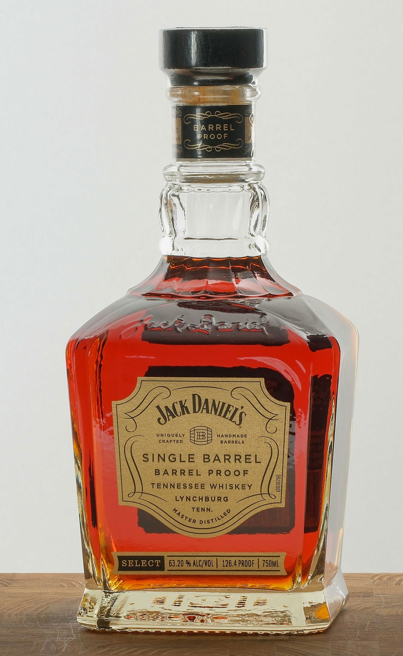 Jack Daniel's Single Barrel BP Whiskey: Barrel Proof. Select. Barrel House 2-21. Barrel No. 22-08252. Bottling Date: 9.29.22. 63.20% ALC/VOL. 126.4 Proof. Plastic seal intact. Labels excellent. 750ml. Jack Daniel Distillery. 2022.