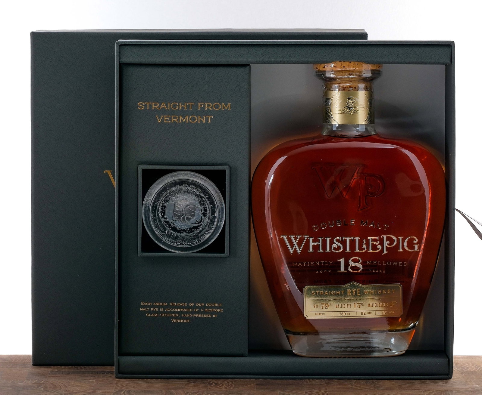WhistlePig "3rd Edition" 18 Year Double Malt Straight Rye: Third Edition. 46% ALC/VOL (92 Proof). Presentation box and slipcase in largely excellent condition (some dings and nicks are present on the slip). Plastic seal intact. Labels excellent. Includes besp