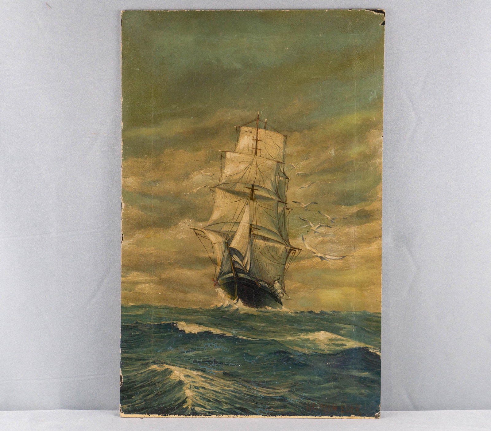 VINTAGE PAINITNG TALL SAIL SIGNED HERMAN EDER: Old canvas attached to board depicting a tall sail ship in rough waters measures, 14.5 W x 22.5 H Shipping: Shipping costs are not included but both international and national shipping quotes are avai