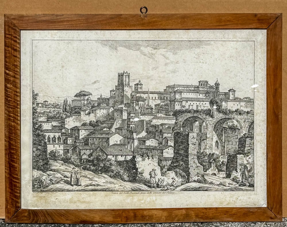 PINELLI SEVEN HILLS OF ROME: Seven framed etchings by Bartolomeo Pinelli. Each measures 30 in W x 23 in H, and depicts one of the seven hills of Rome. Dated 1825. In this stunning collection of engravings, Bartolomeo
