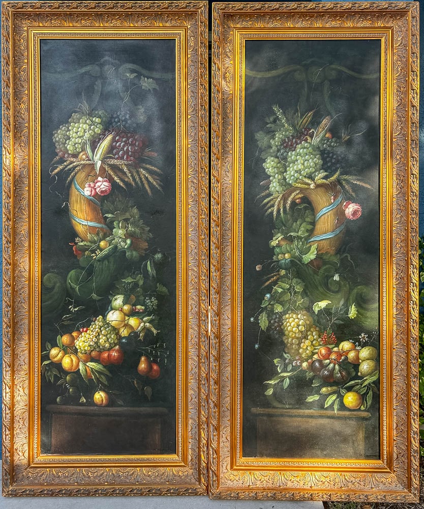 PAIR MONUMENTAL CORNUCOPIA PAINTINGS GOLD FRAME (1 of 7)