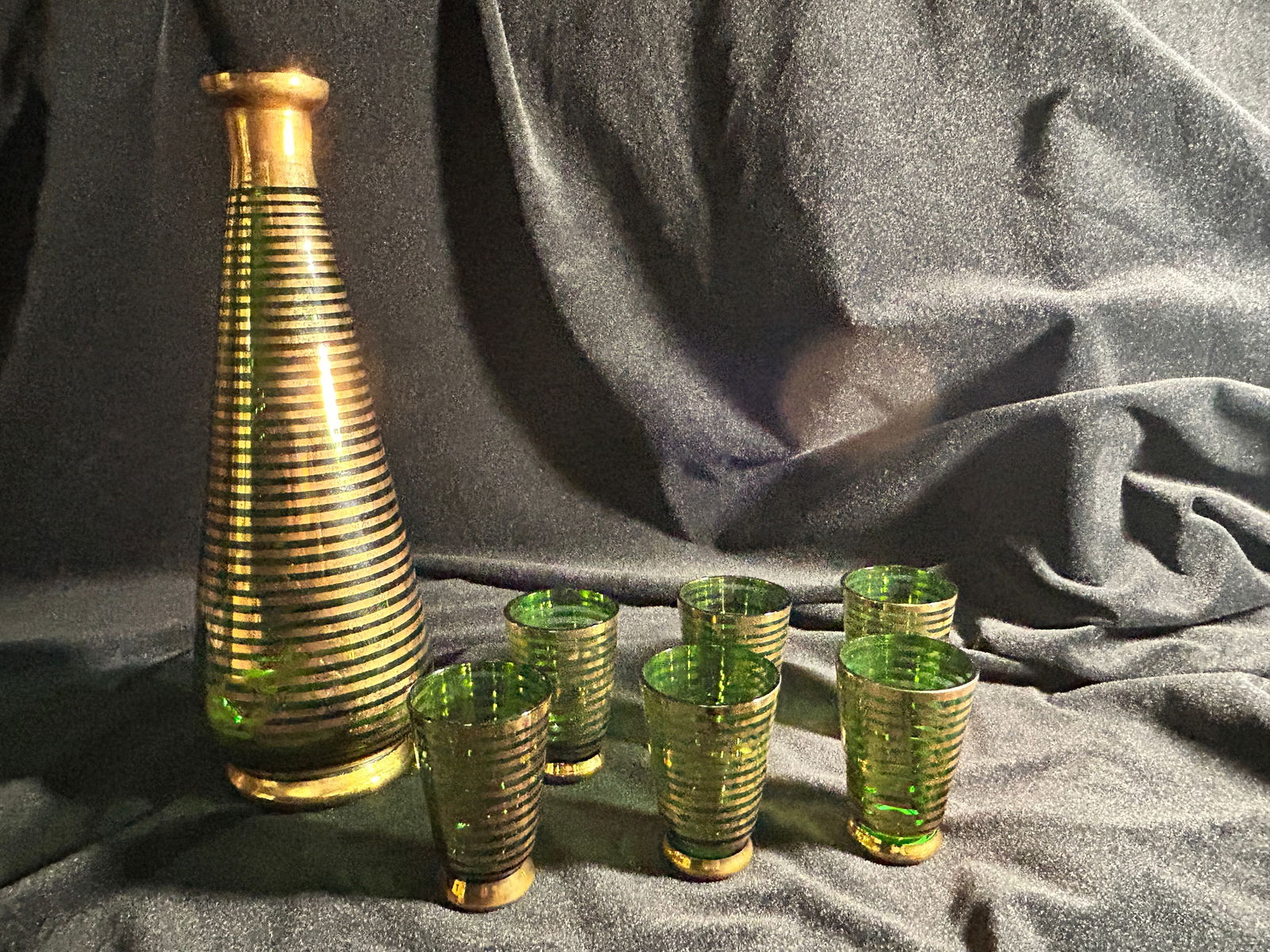 MCM Green & Gold Glass Decanter set 7 part (1 of 1)