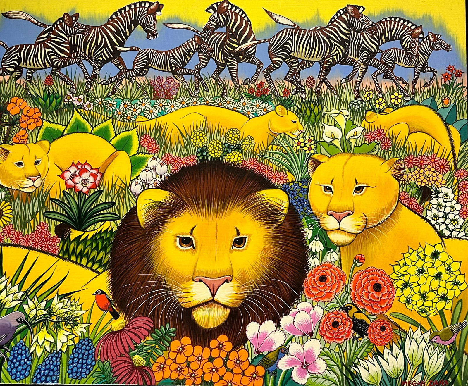 African Plain O/Linen Painting- Megan Dana: African Plain O/Linen Painting - Megan Dana 1977 Well Built Frame Dimensions: 24,5 H X 31 W in inches The live auction begins at 11 AM EST Sunday, March 17th. Full cond