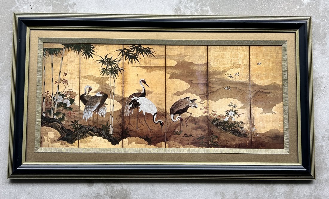 Gold foil Chinese Artwork cranes in black frame: Gold foil Chinese Artwork cranes in black frame DIMENSIONS: 44 x 25 inches The live auction begins at 11 AM EST Saturday, May 25th. Full condition reports are available before the auction by e