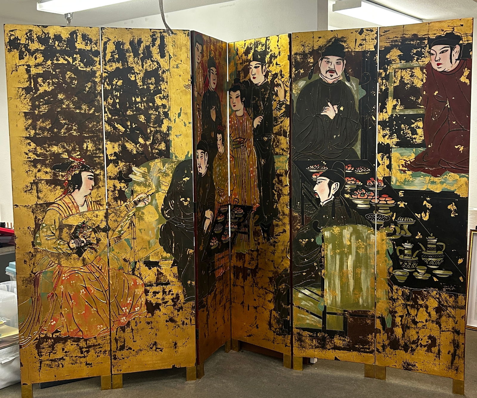 ROOM SIZE Chinese 6 Panel Screen Courtly Scene (1 of 3)