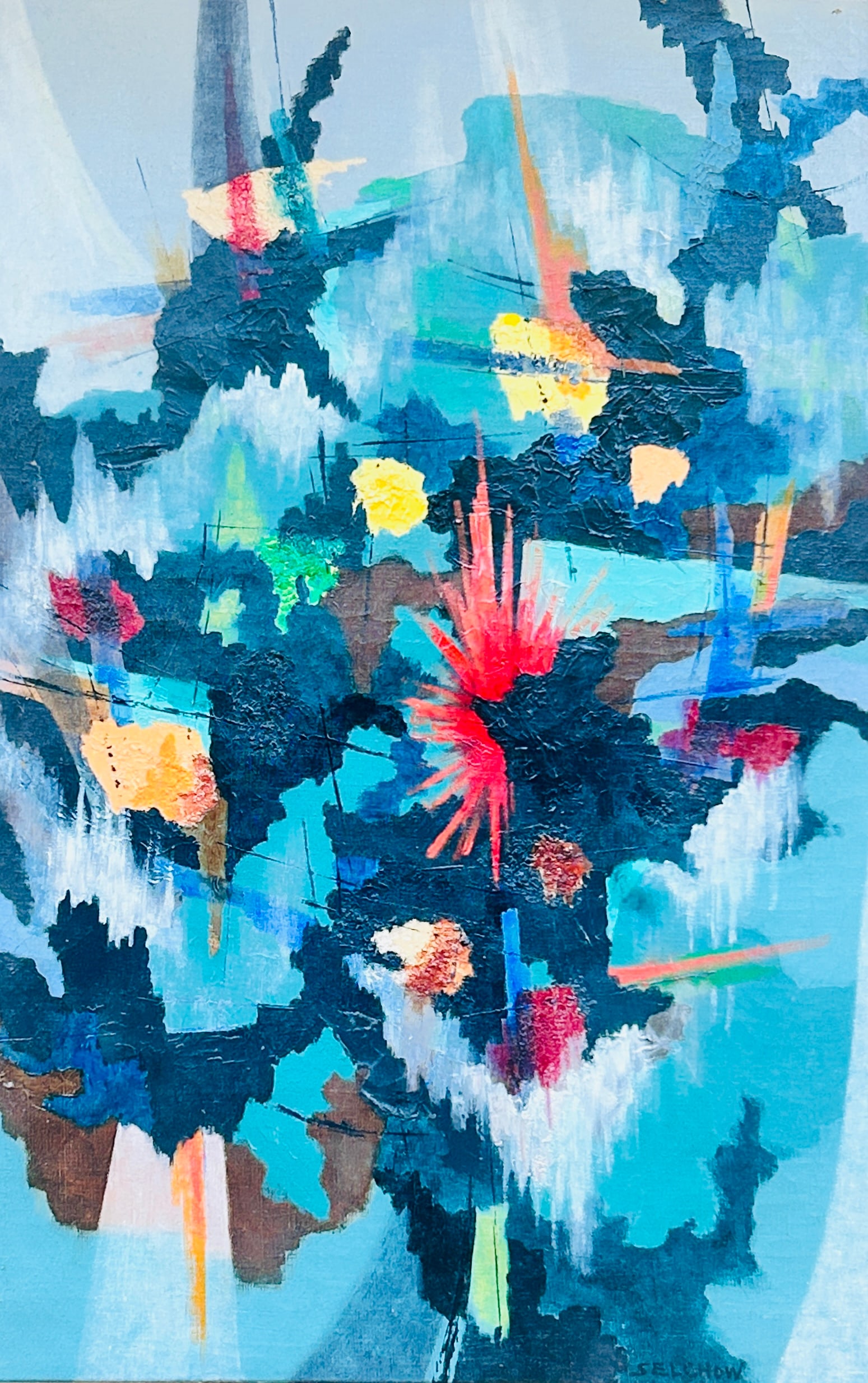 Vintage Roger Hoffman Selchow Abstract O/C: Vintage Roger Hoffman Selchow Abstract (1911-1994) O/L signed lover right and on reverse 40" x 26.5" Recently restored Roger Hoffman Selchow did a pictorial historical, hand colored offset print ma