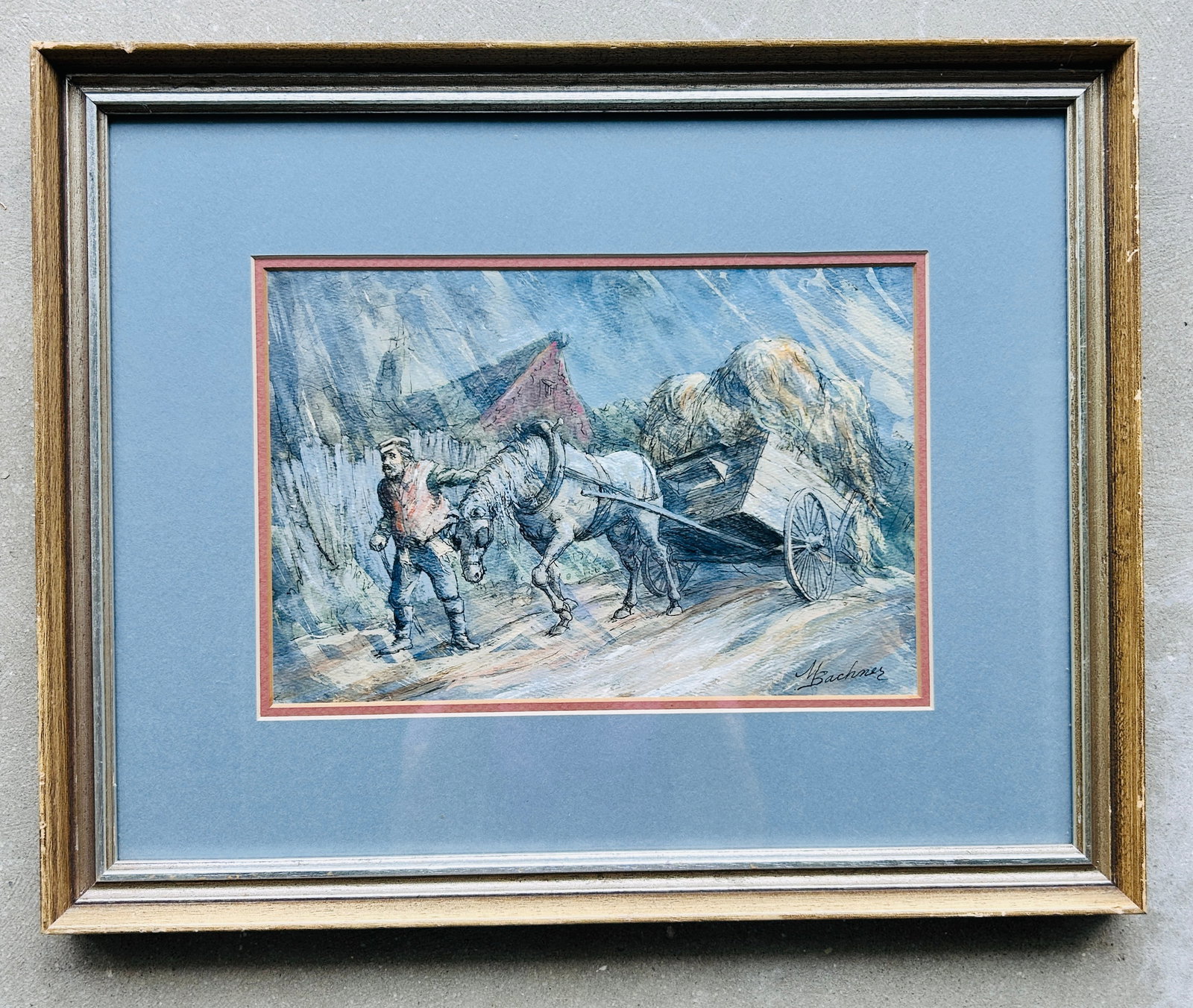 Russian framer w/hay wagon M. Bachner Watercolor: Russian framer with hay wagon Signed M. Bachner Watercolor and ink 18 W x 14. H Outside 11 W x 7.5 H Inside Our Winter Sale takes place ONLINE ONLY, Sunday January 26th 2025 at 11 AM EST. Regi