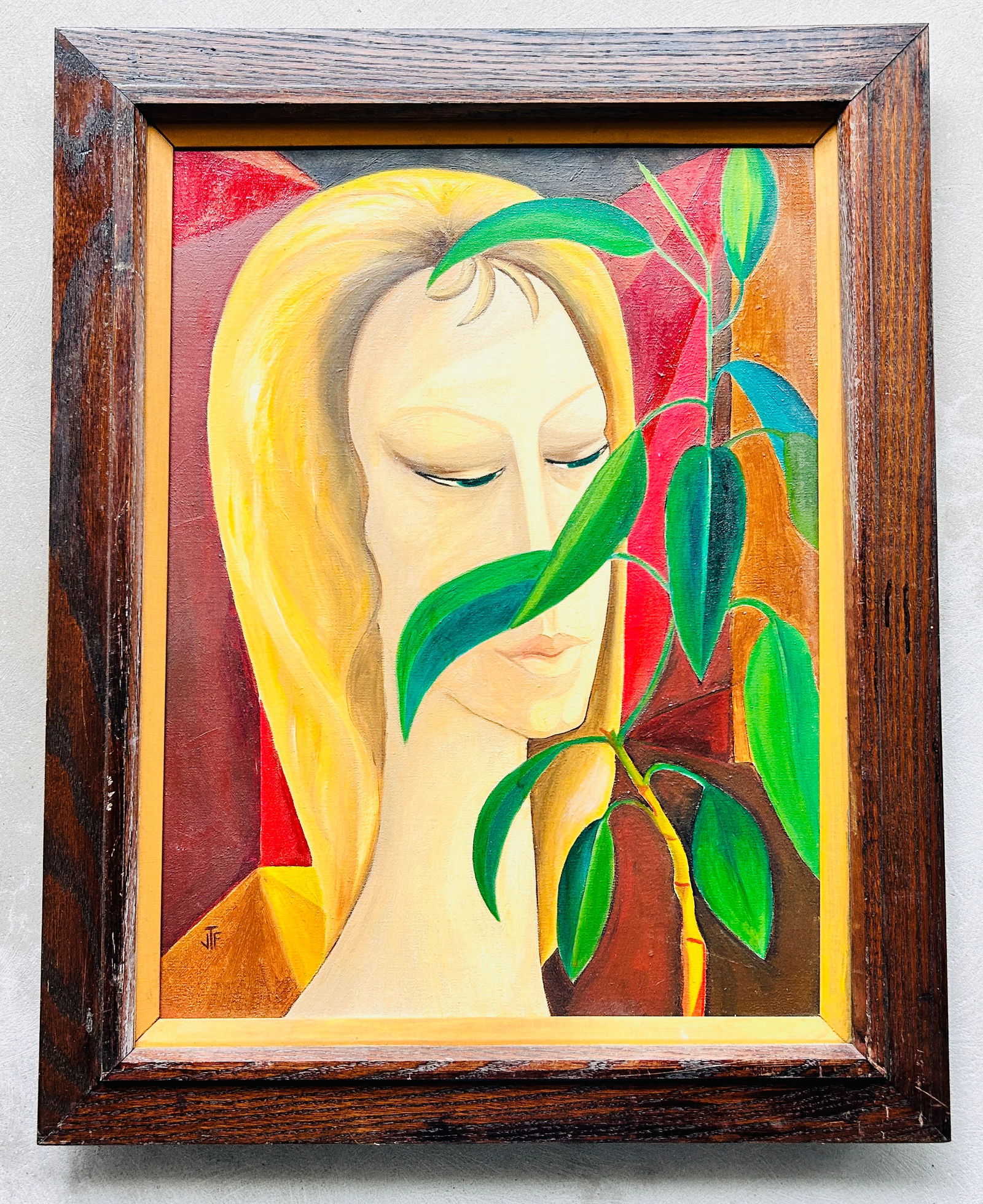 Girl Behind Plant vintage O/C Signed JTF (1 of 3)