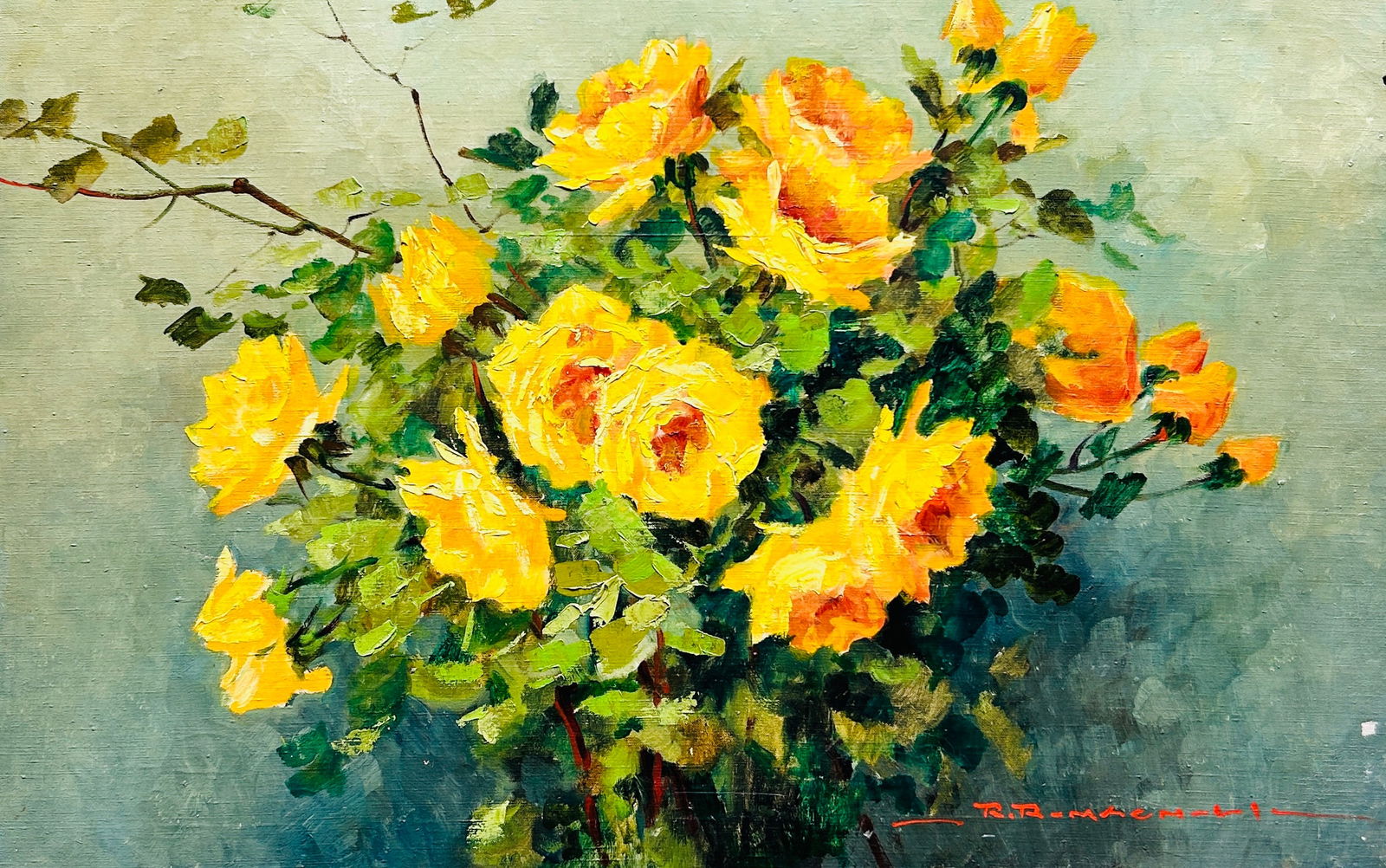 Antique O/C Giovanni Romagnol Still Life w/Yellow Roses (1 of 4)