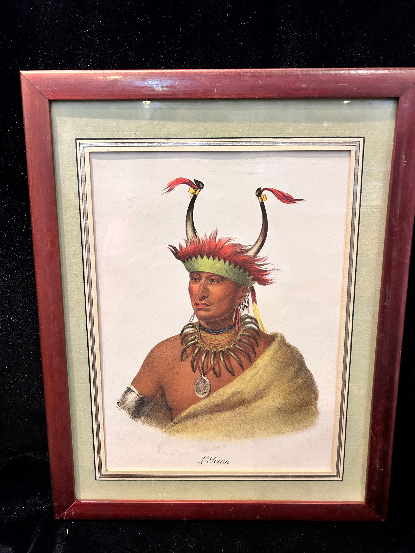 Vintage MCKINNEY & HALL L'Tetan: MCKINNEY & HALL 1838 HAND COLORED VINTAGE PRINT of 1830's NATIVE AMERICAN INDIAN ~ L'Tetan 10.5 W x 13.25 H inches 1 inch Deep Our Winter Sale takes place ONLINE ONLY, Sunday January 26th 2025 at 11