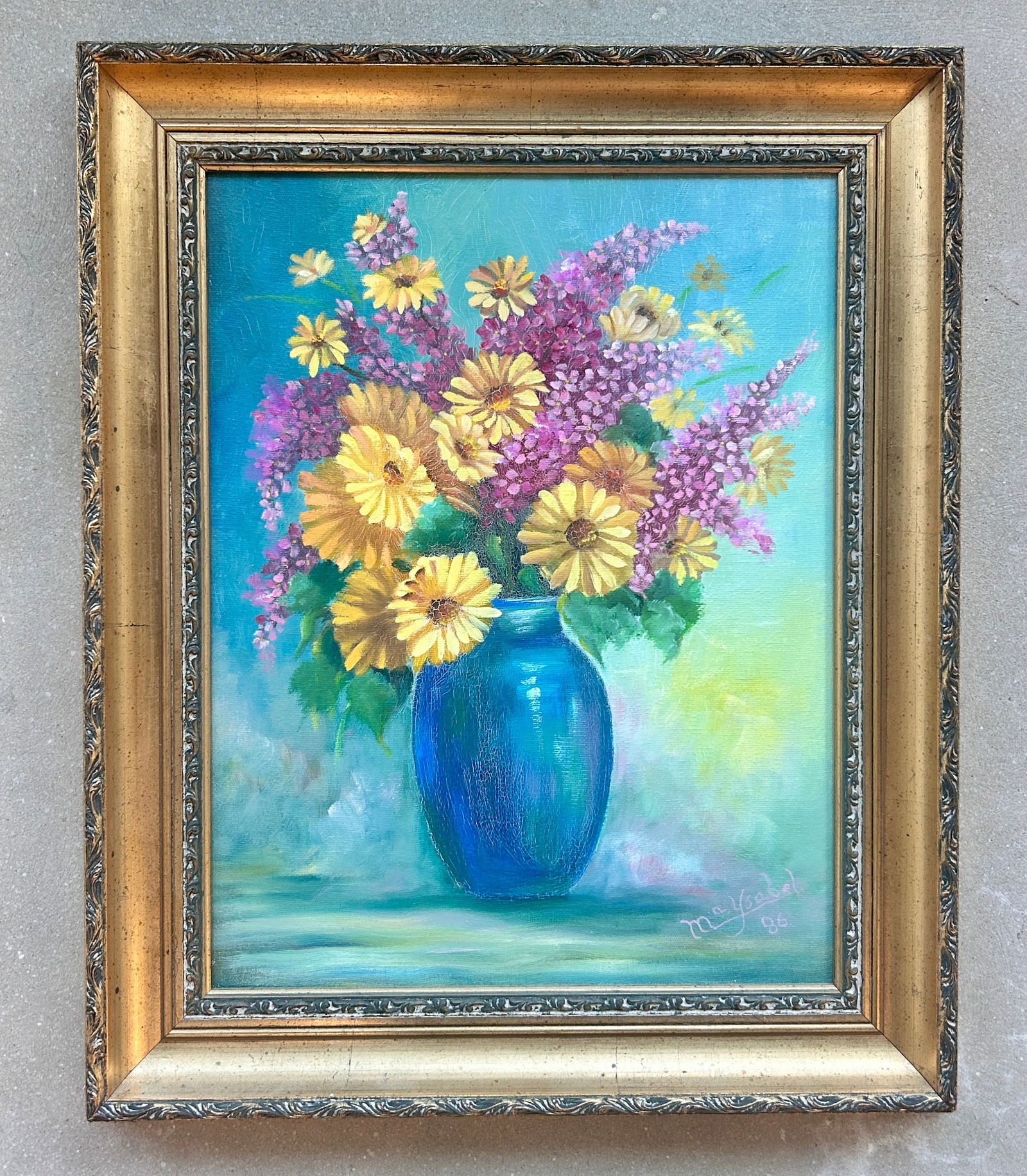 Yellow Flowers Still life O/C Maria Ysabel Maciel: Original Yellow Flowers Still life O/C Maria Ysabel Maciel gold frame Vintage Venezuelan artist DIMENSIONS: with frame 18W x 22 H Our Winter Sale takes place ONLINE ONLY, Sunday Janua