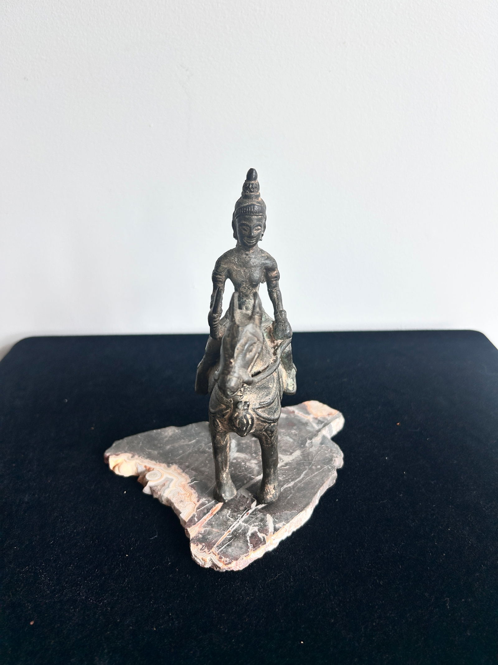 Burmese Bronze Figure of Horse and Rider, Natural Stone Base (1 of 2)
