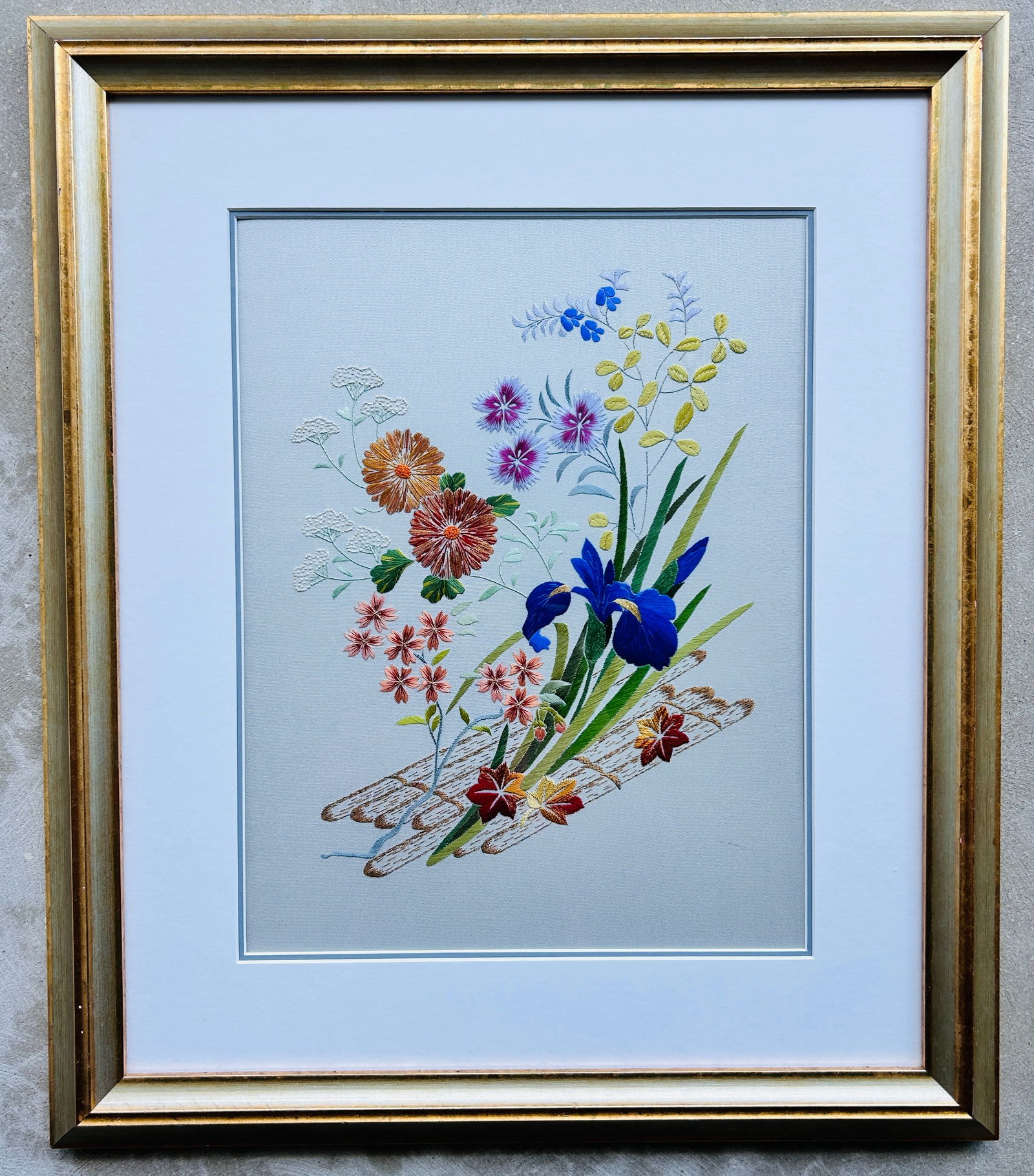 Embroidered Chinese Silk Flowers gold frame (1 of 1)