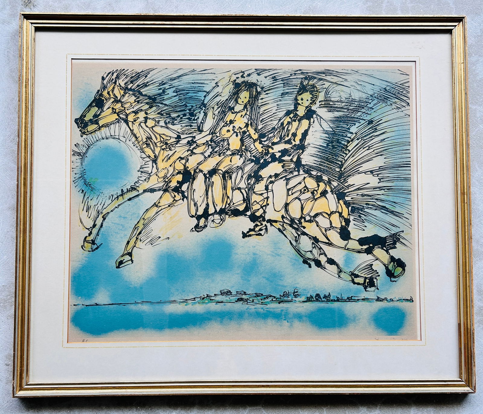 Vintage Yanni Posnakoff Litho signed Yellow Couple on Horse (1 of 1)