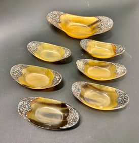 (10) Piece Set Antique Horn and Sterling Dishes