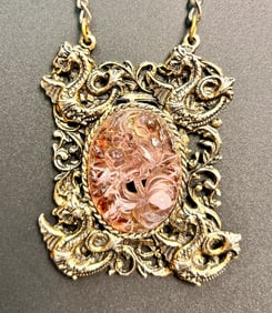 Vintage Les Bernard Dragon Framed Carved Floral Flower Pendant