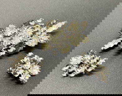 Vintage 1950's smoky/clear rhinestone leaf spray Brooch w/earrings: Vintage 1950's smoky/clear rhinestone leaf spray Brooch w/earrings 2.5 long inch brooch attributed Judy Lee each earring 1.25 long CLIP CONDITION: GOOD Provenance: