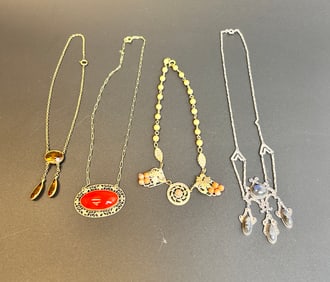 (4) Antique Necklaces with glass and stone details