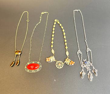 (4) Antique Necklaces with glass and stone details: (4) Antique Necklaces with glass and stone details each drop approx. 7 to 9.25 inches CONDITION: Good Join us online for Long Lake Art and Antique's Spring Sale, June