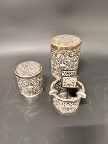 (2) Canisters and Ash tray set Vintage 800 Asian Silver