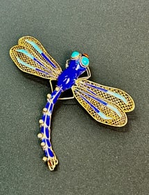 Vintage Gilt Dragonfly Brooch 925 Enamel Filagree Articulated tail