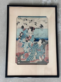 19th C Japanese Woodblock Utagawa Kunisada 2 ladies W/herons in Flight