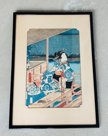 19th C Japanese Woodblock YOSHITOSHI TSUKIOKA "Lady on a Balcony"