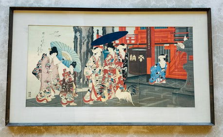 19th C Japanese Woodblock Triptych Utagawa Kunisada Beautiful Women depicting daily life