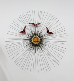 Brutalist Wall Sculpture Sunburst w/Birds