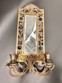 Antique Bronze Jeweled Sconce Mirror w/ cut glass stones