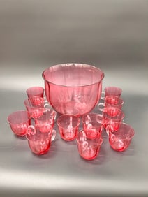 Vintage Pilgrim Pink/Cranberry Optic Glass Punch bowl /12 cups