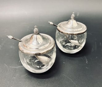 Pair Gumps Pineapple topped Sterling Lidded Jam Pots w/spoons