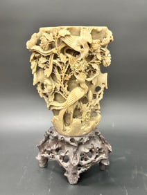 Chinese Carved Natural Soap Stone Sculptural Vase w/ Two Phoenix