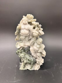 Chinese Natural Stone Sculpture, Elephant w/ Two Men