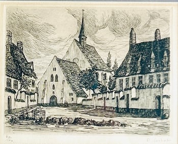 Albert Lechat (1863-1918) French Etching of Provincial Church