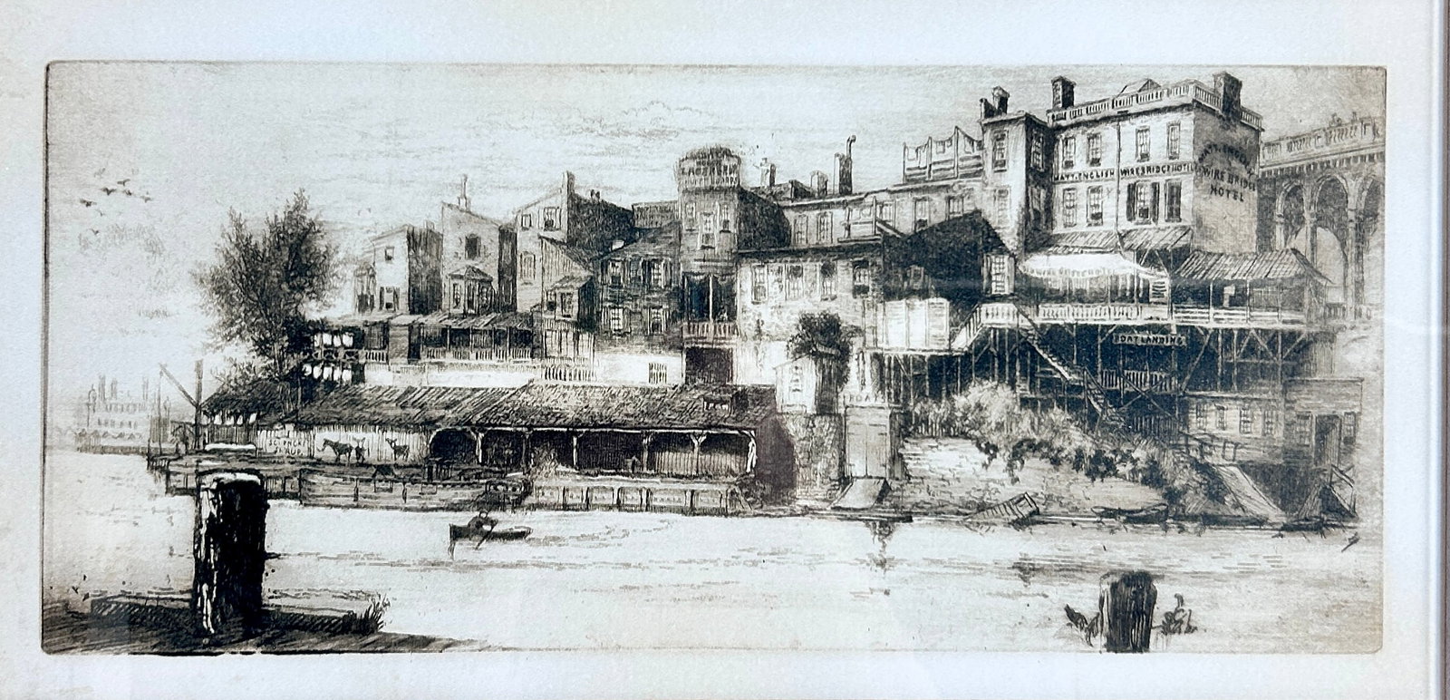 Joseph Pennell (1857-1926) American Etching of Waterfront: Joseph Pennell (1857-1926) American Etching of Waterfront Overall Size: 18 x 27 in. Sight Size: 7 x 16 in. Condition: Good. English Wire Bridge Hotel Join us online for Long La