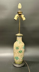 Chinese Rose Medallion Vase Lamp w Stone Finial