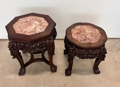 2 Antique Chinese Marble top carved wood stools