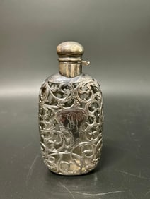 Antique Art Nouveau Sterling Overlay Ladies Flask