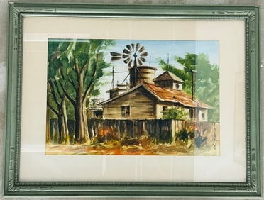 Watercolor Farm with Weathervane Ed Green