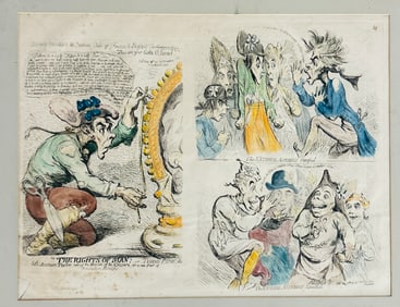 1791 James Gilroy Politcal Cartoon 3 panels colored etchings
