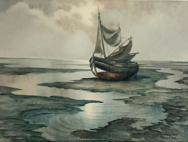 Watercolor Sailboat on Sandbar Fischkutter in Watt by Brodkorb Neuwerk