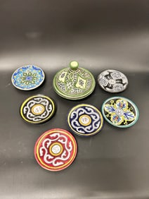 Vintage Small Safi Tagine and 6 North African Plates